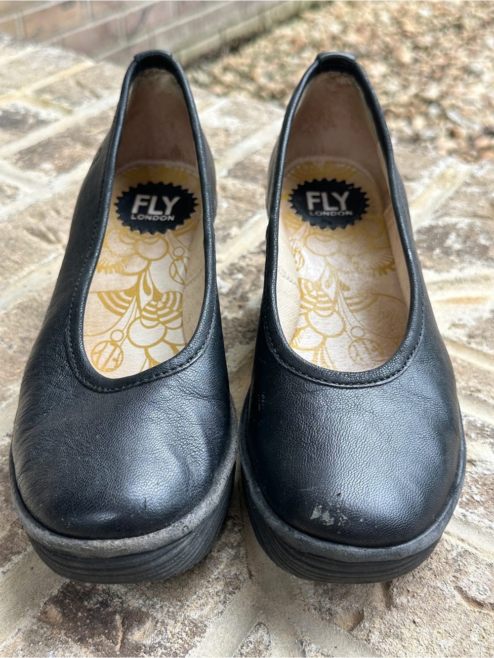 Fly London Black Leather Platform Slip-On Flats